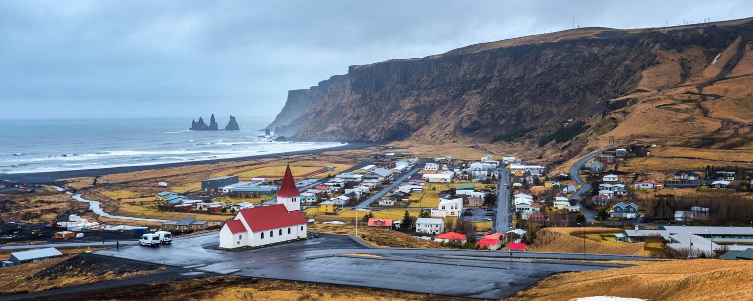 Beautiful Red Church and Vik village, Iceland.